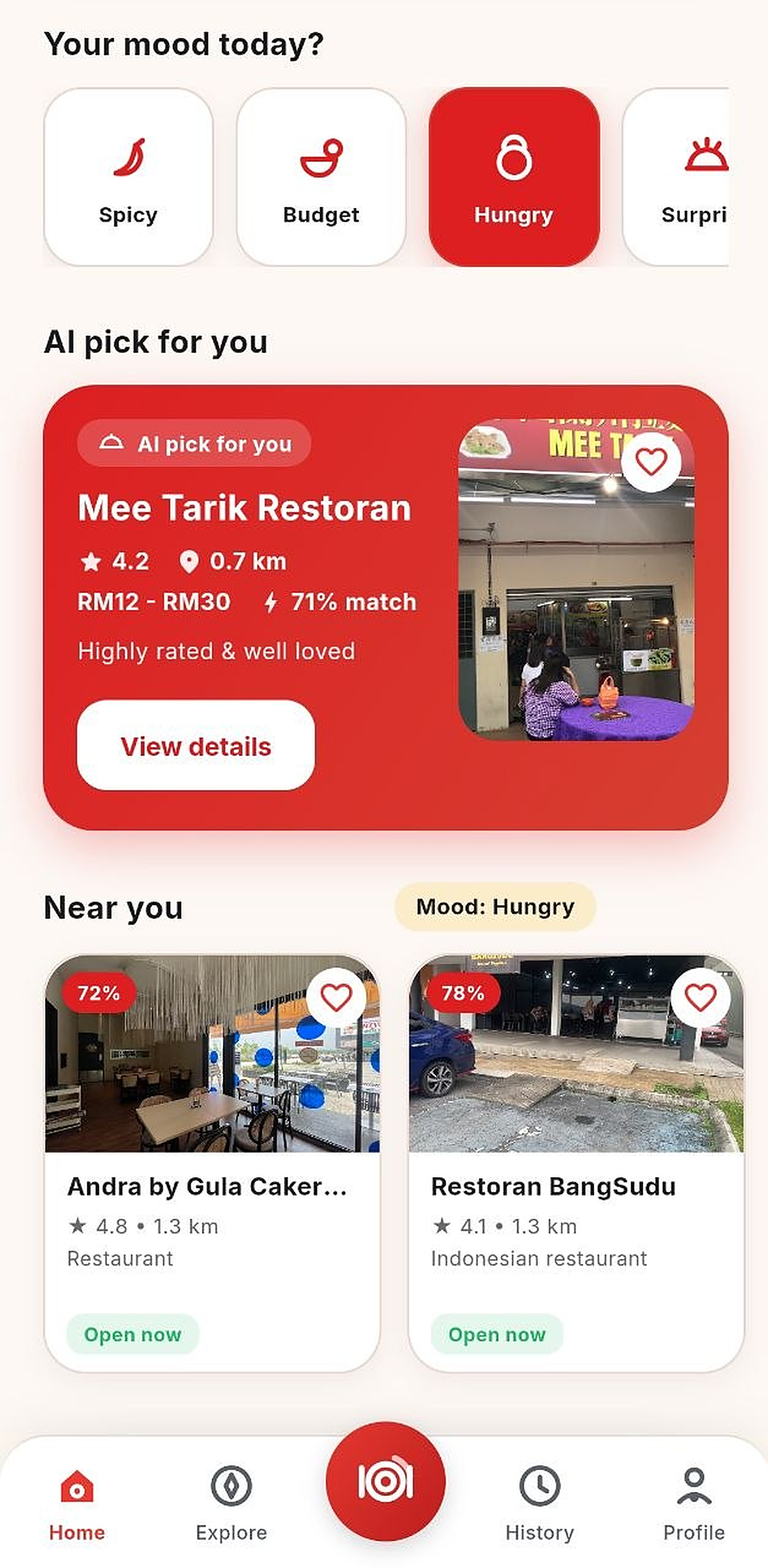 MakanMana pick screen showing a recommended restaurant with rating, distance, price range and match, plus nearby places