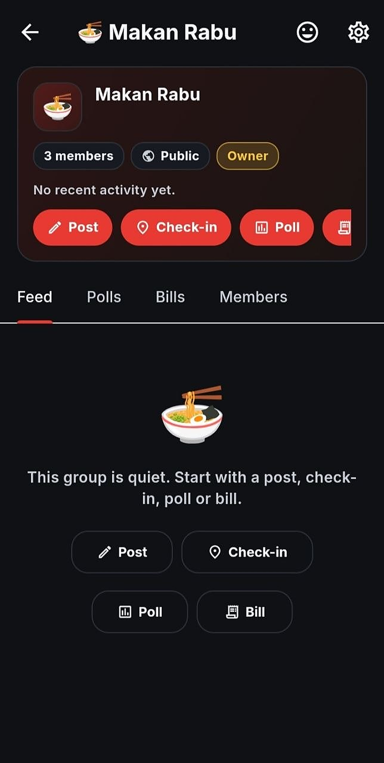 MakanMana group screen for Makan Rabu with Post, Check-in, Poll and Bill actions